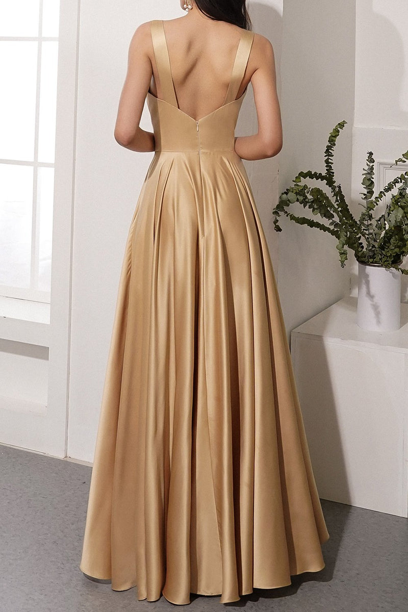 Load image into Gallery viewer, Golden Satin V-Neck Long Formal Dress with Slit