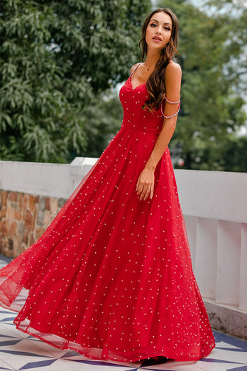 Spaghetti Straps Red Long Formal Dress with Beading