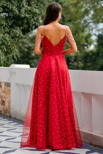 Spaghetti Straps Red Long Formal Dress with Beading