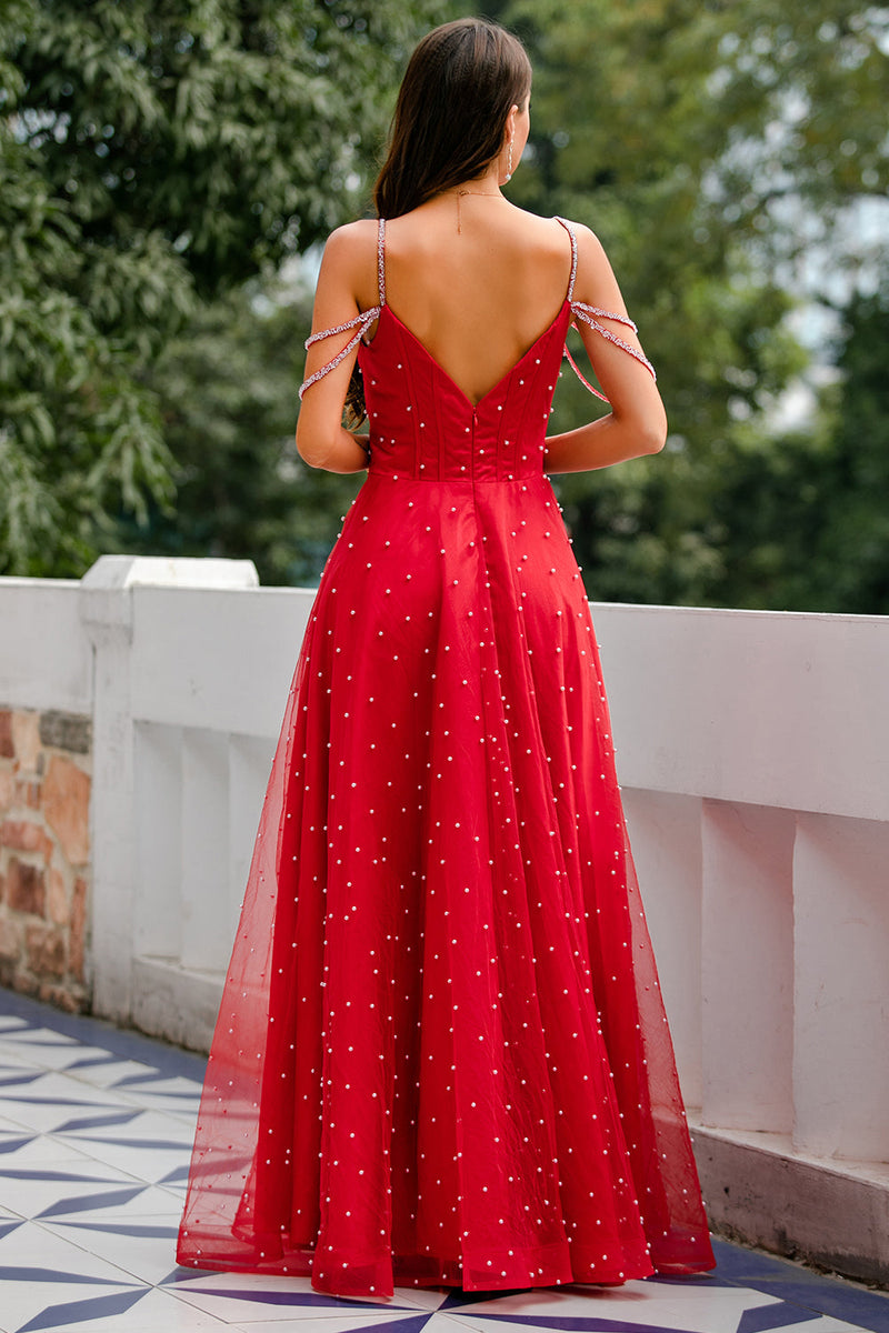 Load image into Gallery viewer, Spaghetti Straps Red Long Formal Dress with Beading