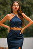 Load image into Gallery viewer, Two Piece Open Back Navy Prom Dress