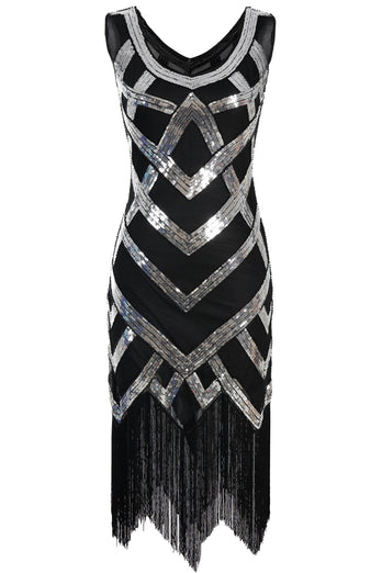 V Neck Silver Sequins 1920s Flapper Dress with Tassel