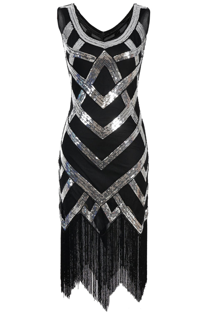 Load image into Gallery viewer, V Neck Silver Sequins 1920s Flapper Dress with Tassel