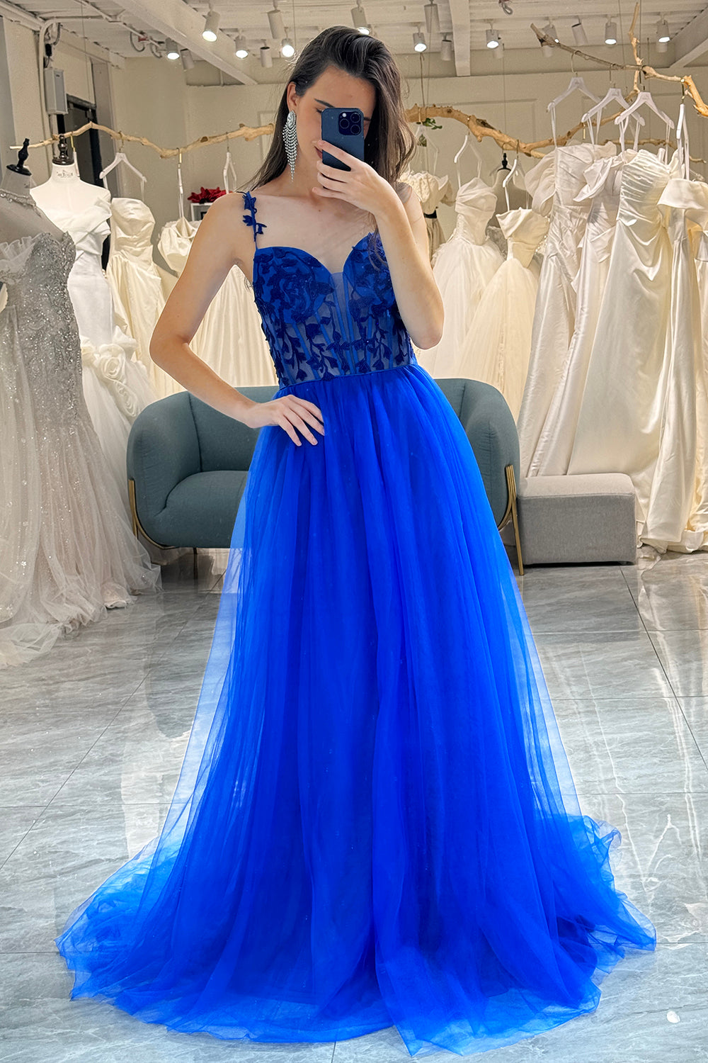 Royal Blue A Line Long Corset Formal Dress With Appliques