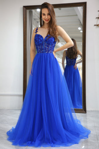 A Line Royal Blue Long Corset Formal Dress With Appliques