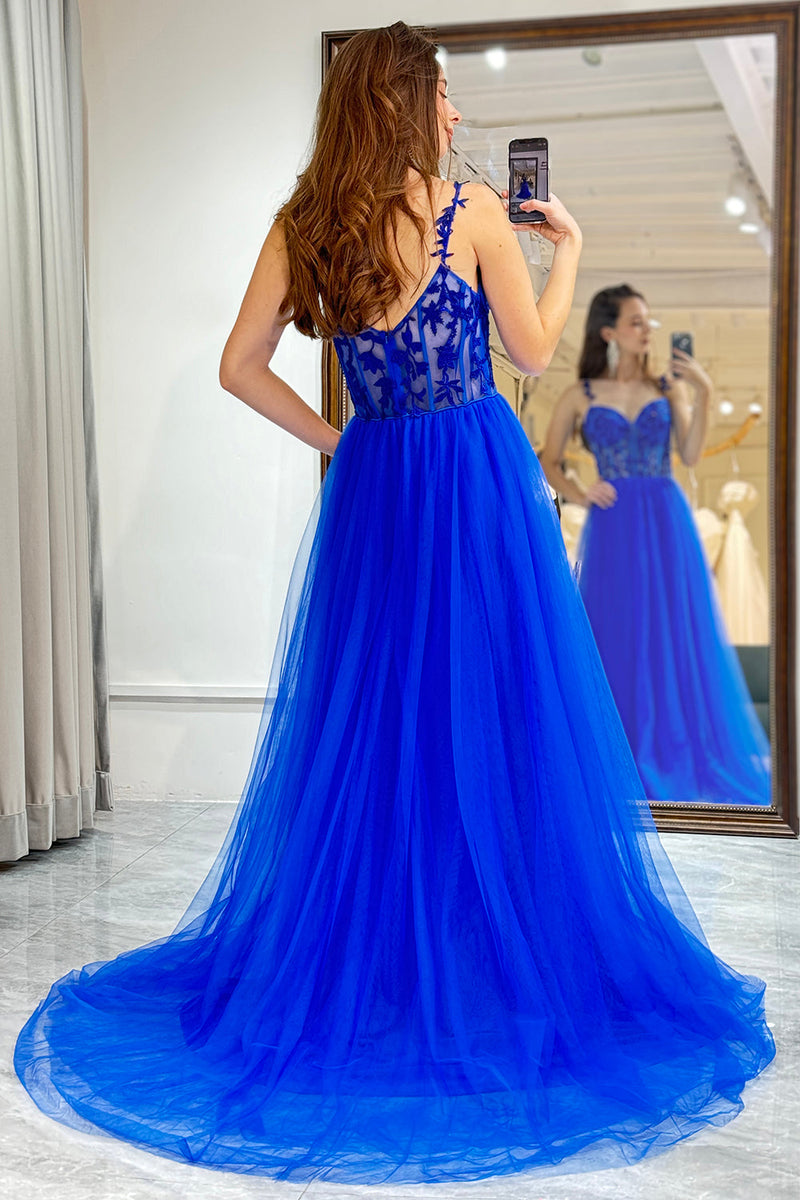 Load image into Gallery viewer, Royal Blue A Line Long Corset Formal Dress With Appliques