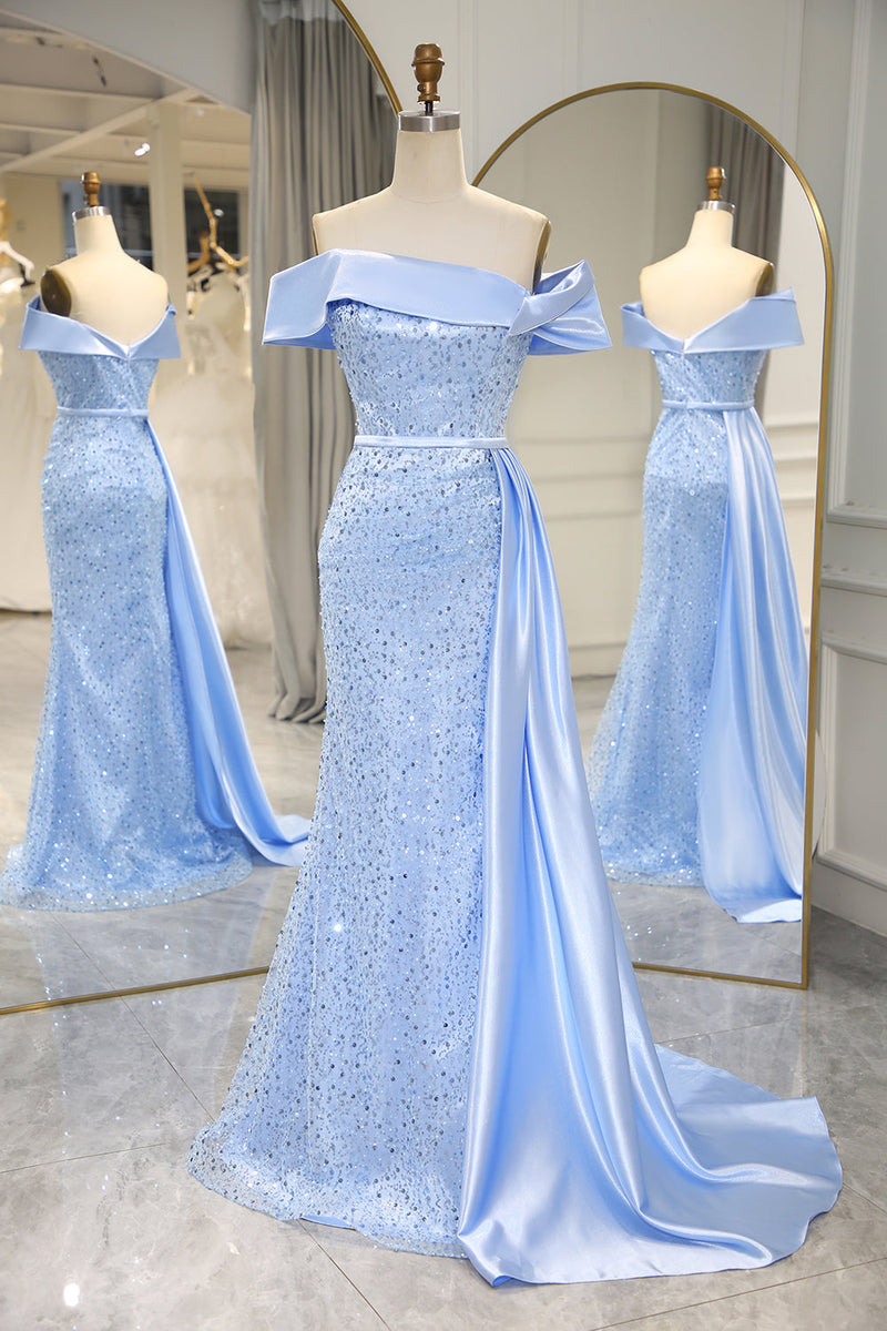 Load image into Gallery viewer, Sparkly Light Blue Long Sequined Formal Dress With Slit