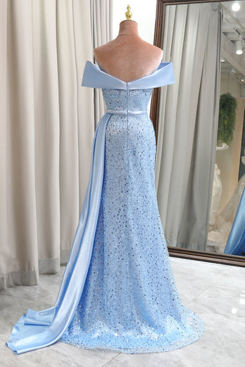 Glitter Light Blue Sheath Long Sequined Formal Dress With Slit