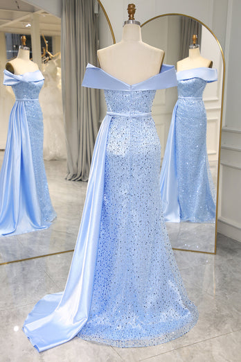 Sparkly Light Blue Long Sequined Formal Dress With Slit