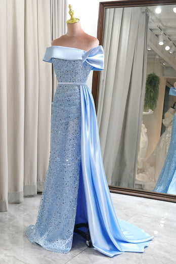 Glitter Light Blue Sheath Long Sequined Formal Dress With Slit