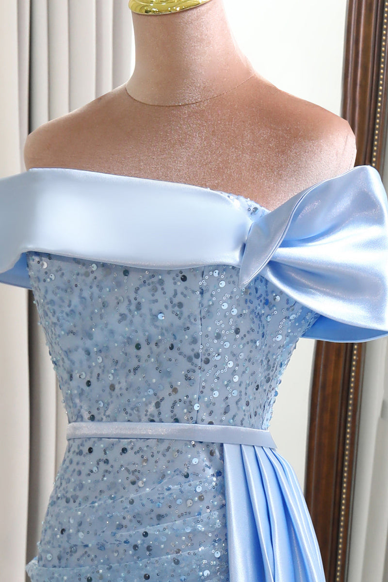 Load image into Gallery viewer, Glitter Light Blue Sheath Long Sequined Formal Dress With Slit