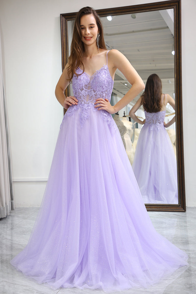 Load image into Gallery viewer, Light Purple A Line Long Formal Dress With Appliques