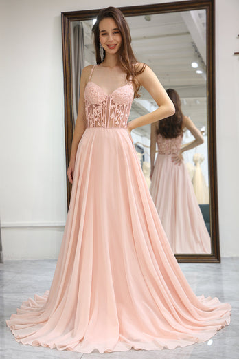 Light Pink Backless Long Corset Appliqued Formal Dress