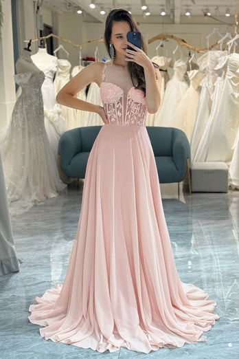 Light Pink Backless Long Corset Formal Dress With Appliques