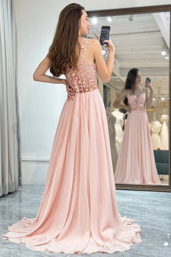 Light Pink Backless Long Corset Formal Dress With Appliques