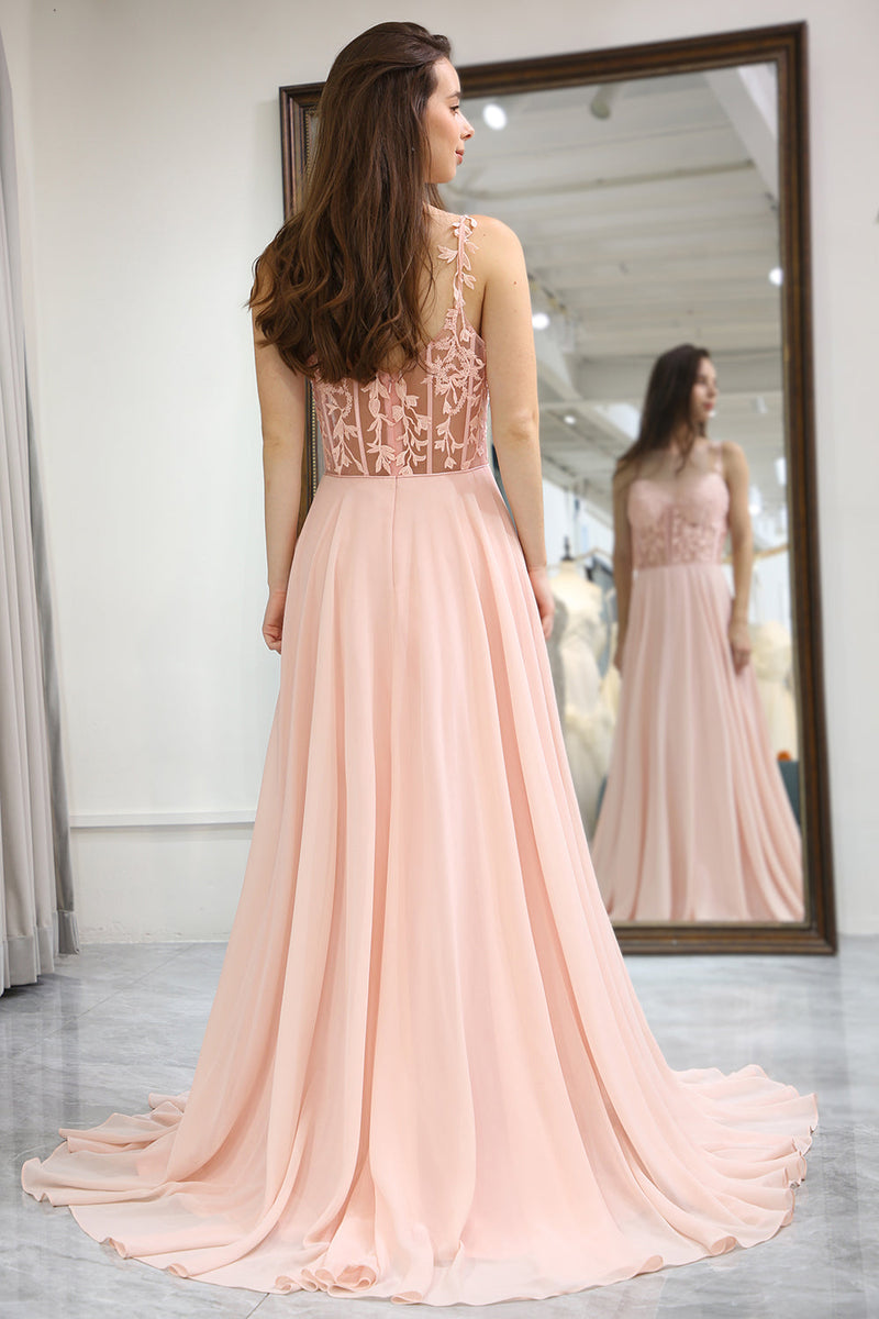 Load image into Gallery viewer, Light Pink Backless Long Corset Appliqued Formal Dress