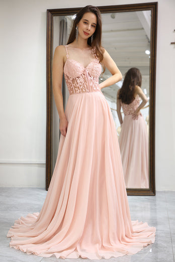 Light Pink Backless Long Corset Appliqued Formal Dress