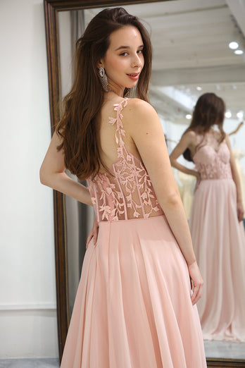 Light Pink Backless Long Corset Appliqued Formal Dress