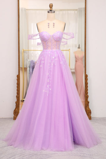 Light Purple A Line Off the Shoulder Long Corset Formal Dress With Slit