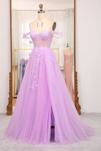 Light Purple A Line Off the Shoulder Long Corset Formal Dress With Slit