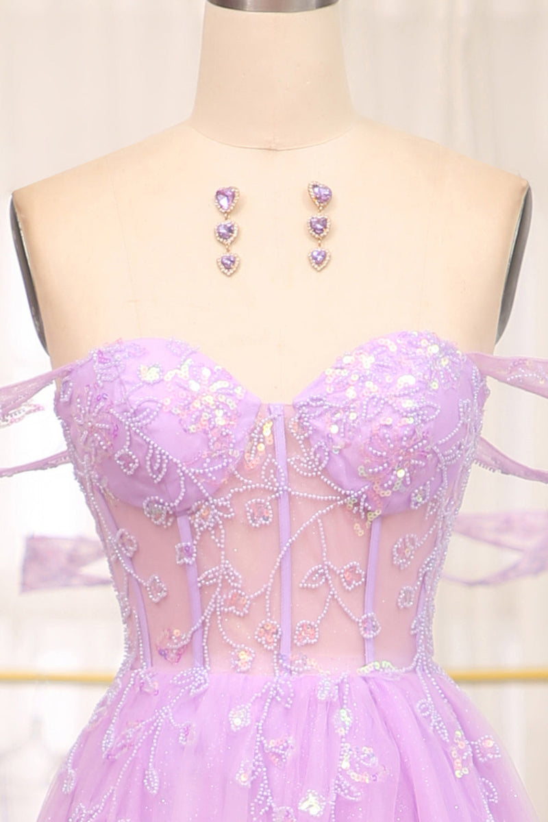 Load image into Gallery viewer, Light Purple A Line Off the Shoulder Long Corset Formal Dress With Slit