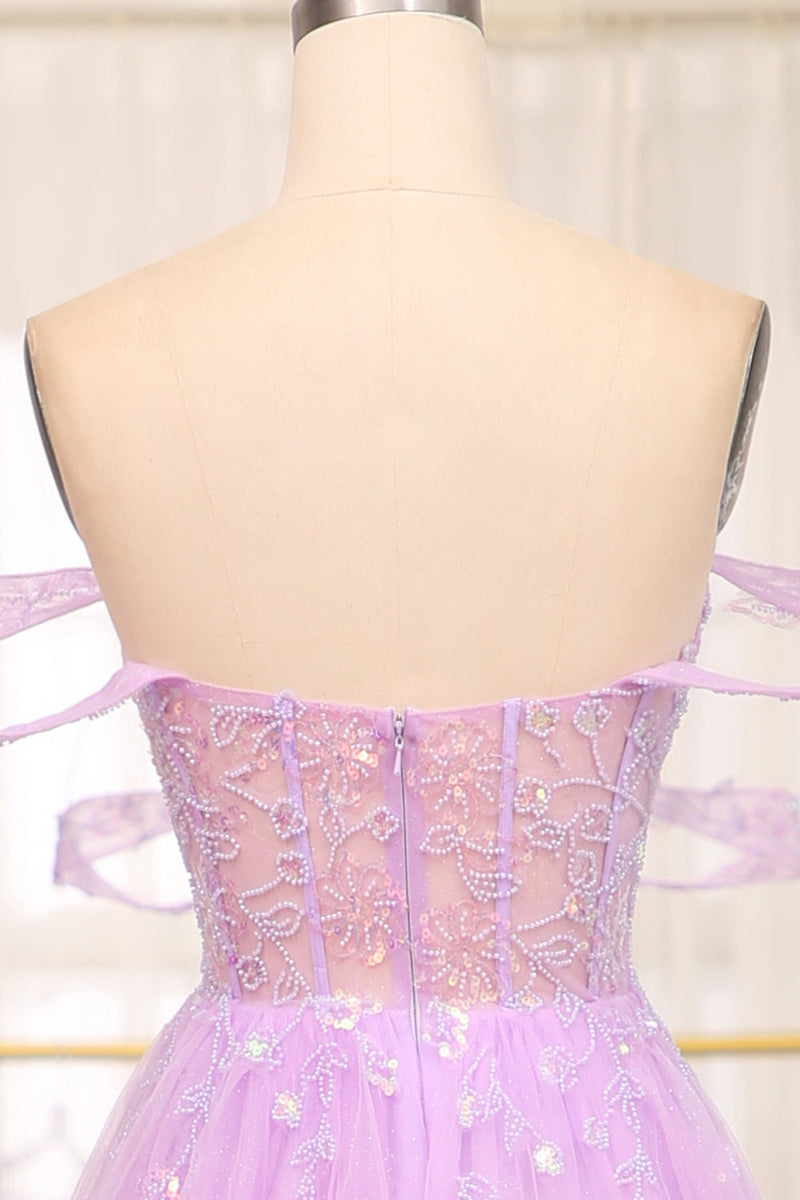 Load image into Gallery viewer, Light Purple A Line Off the Shoulder Long Corset Formal Dress With Slit