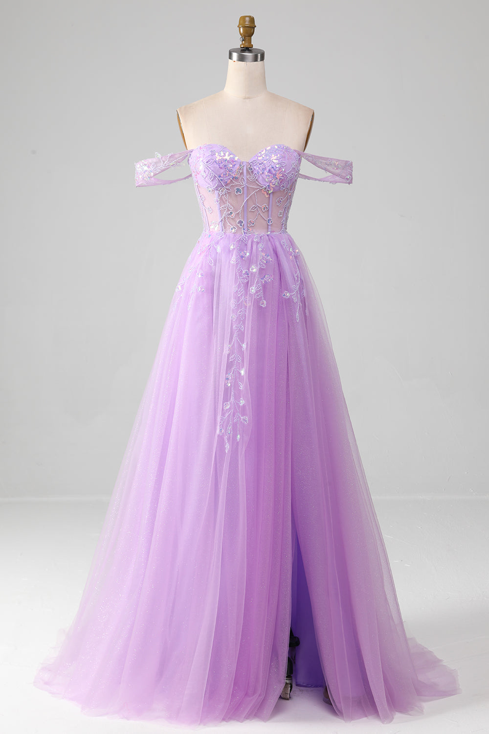 Lavender A Line Tulle Off the Shoulder Formal Dress with Slit