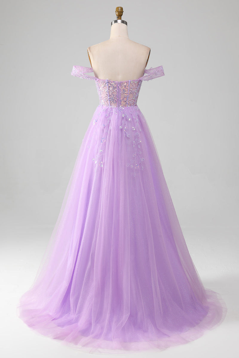 Load image into Gallery viewer, Lavender A Line Tulle Off the Shoulder Formal Dress with Slit