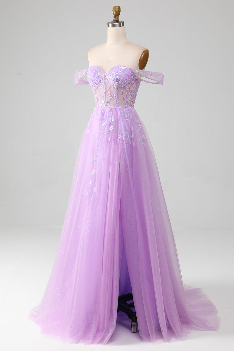 Load image into Gallery viewer, Lavender A Line Tulle Off the Shoulder Formal Dress with Slit