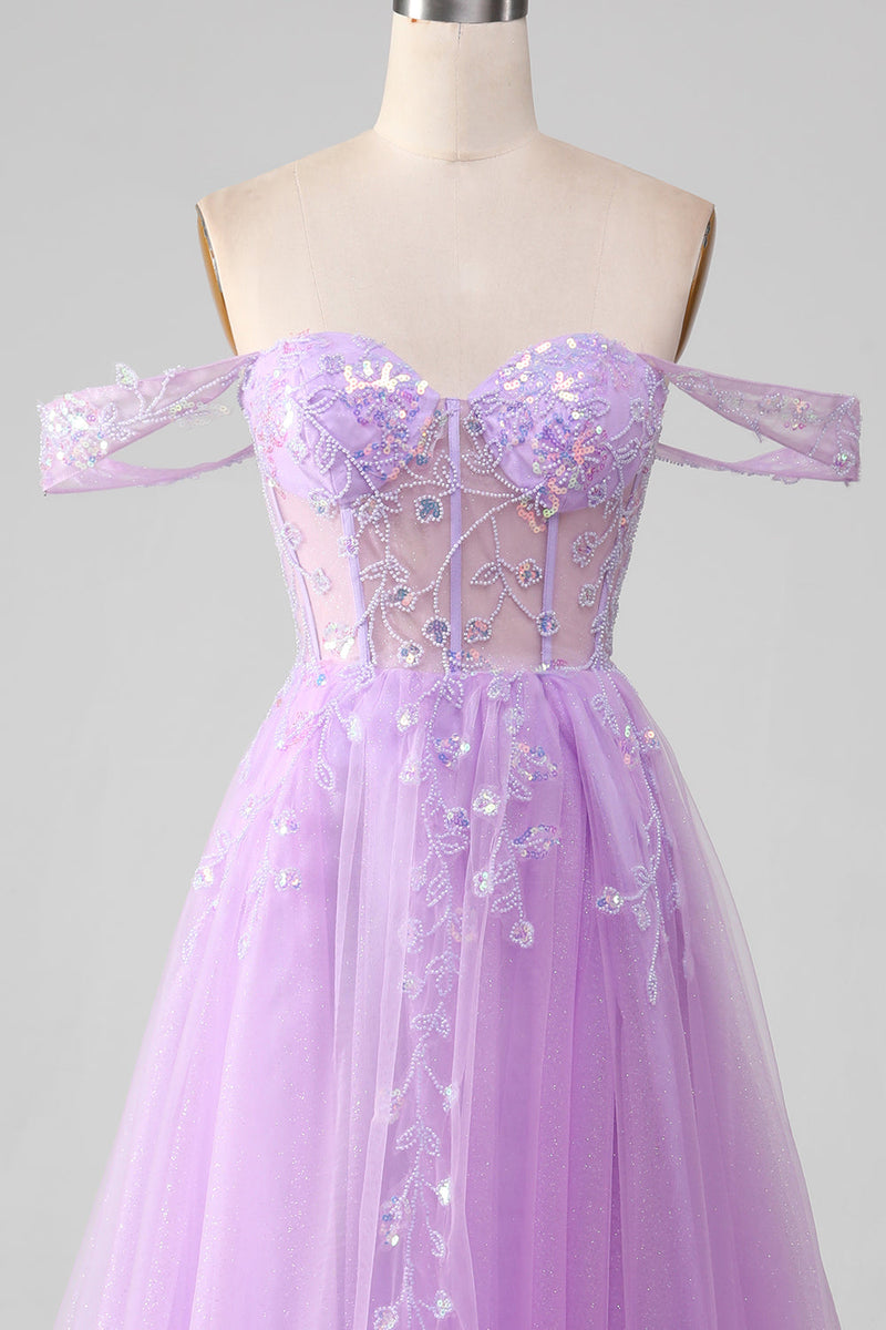 Load image into Gallery viewer, Lavender A Line Tulle Off the Shoulder Formal Dress with Slit