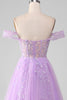 Load image into Gallery viewer, Lavender A Line Tulle Off the Shoulder Formal Dress with Slit