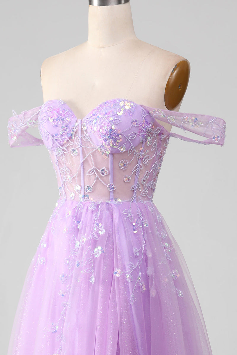 Load image into Gallery viewer, Lavender A Line Tulle Off the Shoulder Formal Dress with Slit