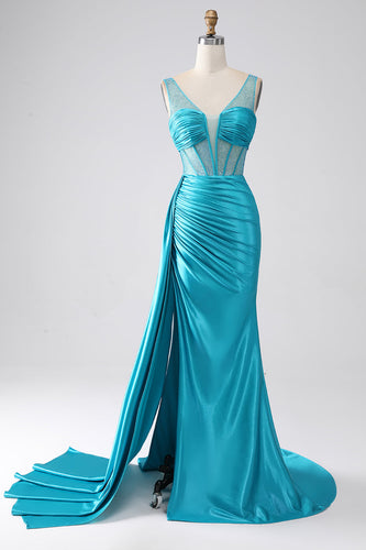 Turquoise Mermaid V-Neck Sweep Train Pleated Corset Beaded Formal Dress