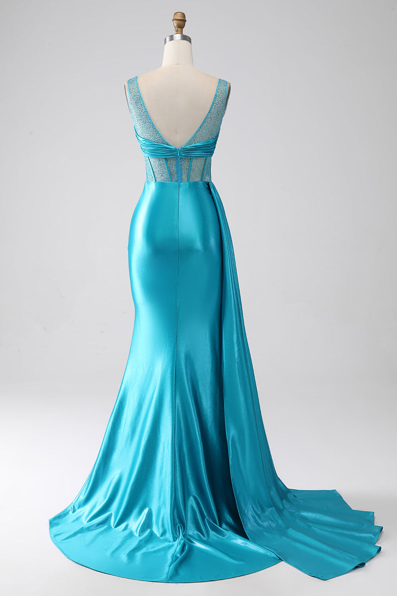 Load image into Gallery viewer, Turquoise Mermaid V-Neck Sweep Train Pleated Corset Beaded Formal Dress