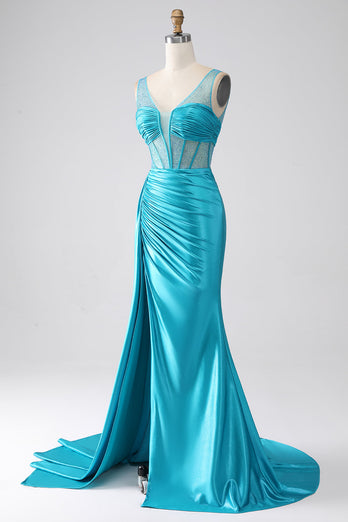 Turquoise Mermaid V-Neck Sweep Train Pleated Corset Beaded Formal Dress