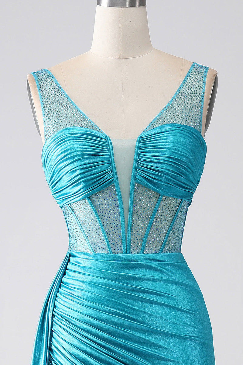 Load image into Gallery viewer, Turquoise Mermaid V-Neck Sweep Train Pleated Corset Beaded Formal Dress