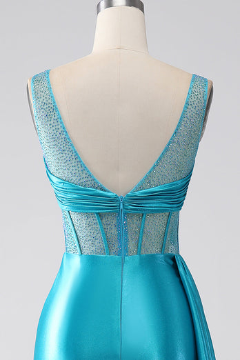 Turquoise Mermaid V-Neck Sweep Train Pleated Corset Beaded Formal Dress