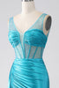 Load image into Gallery viewer, Turquoise Mermaid V-Neck Sweep Train Pleated Corset Beaded Formal Dress