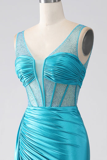 Turquoise Mermaid V-Neck Sweep Train Pleated Corset Beaded Formal Dress