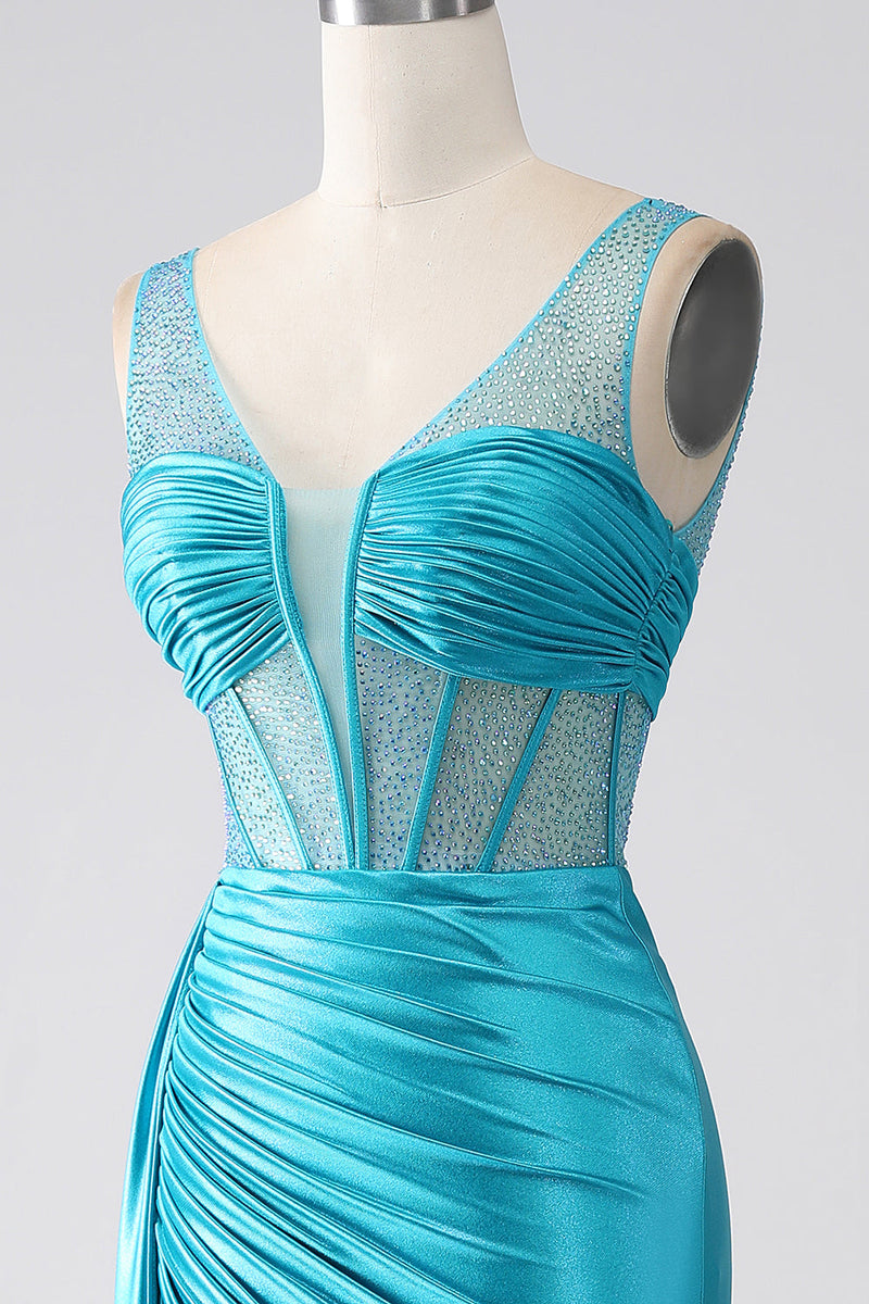 Load image into Gallery viewer, Turquoise Mermaid V-Neck Sweep Train Pleated Corset Beaded Formal Dress