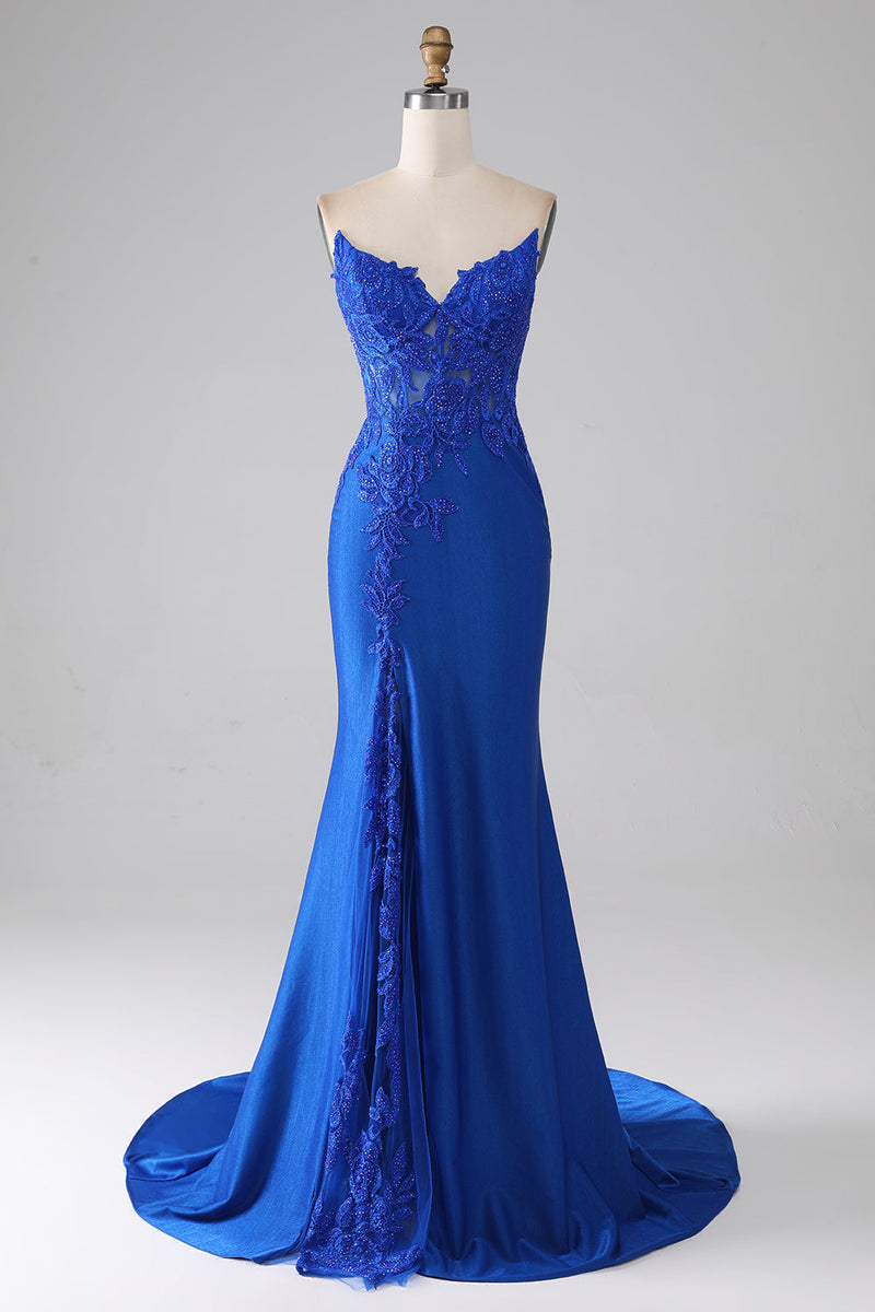 Load image into Gallery viewer, Royal Blue Mermaid Strapless Long Beaded Formal Dress With Appliques