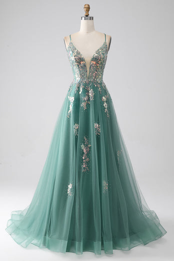 Green A-Line Spaghetti Straps Long Formal Dress With Sparkly Sequin Appliques