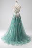 Load image into Gallery viewer, Green A-Line Spaghetti Straps Long Formal Dress With Sparkly Sequin Appliques