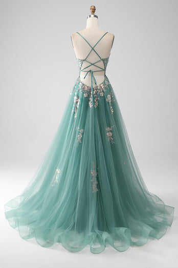 Green A-Line Spaghetti Straps Long Formal Dress With Sparkly Sequin Appliques