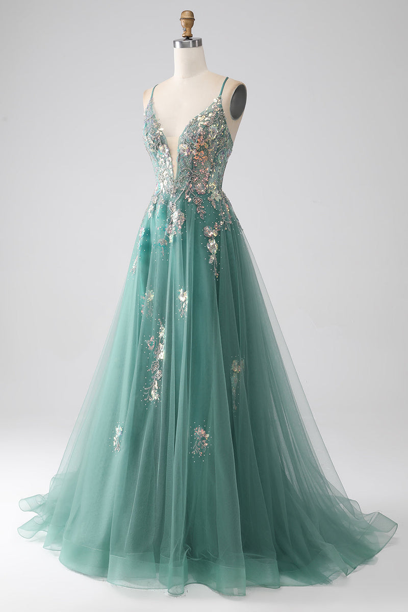 Load image into Gallery viewer, Green A-Line Spaghetti Straps Long Formal Dress With Sparkly Sequin Appliques