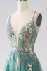 Load image into Gallery viewer, Green A-Line Spaghetti Straps Long Formal Dress With Sparkly Sequin Appliques