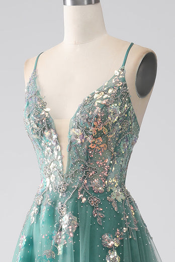 Green A-Line Spaghetti Straps Long Formal Dress With Sparkly Sequin Appliques