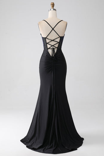 Black Mermaid Spaghetti Straps Long Corset Formal Dress With Beading