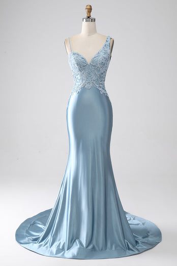 Grey Blue Mermaid Spaghetti Straps Long Beaded Formal Dress With Appliques