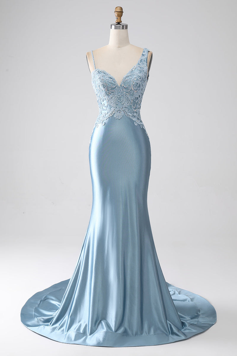 Load image into Gallery viewer, Grey Blue Mermaid Spaghetti Straps Long Beaded Formal Dress With Appliques